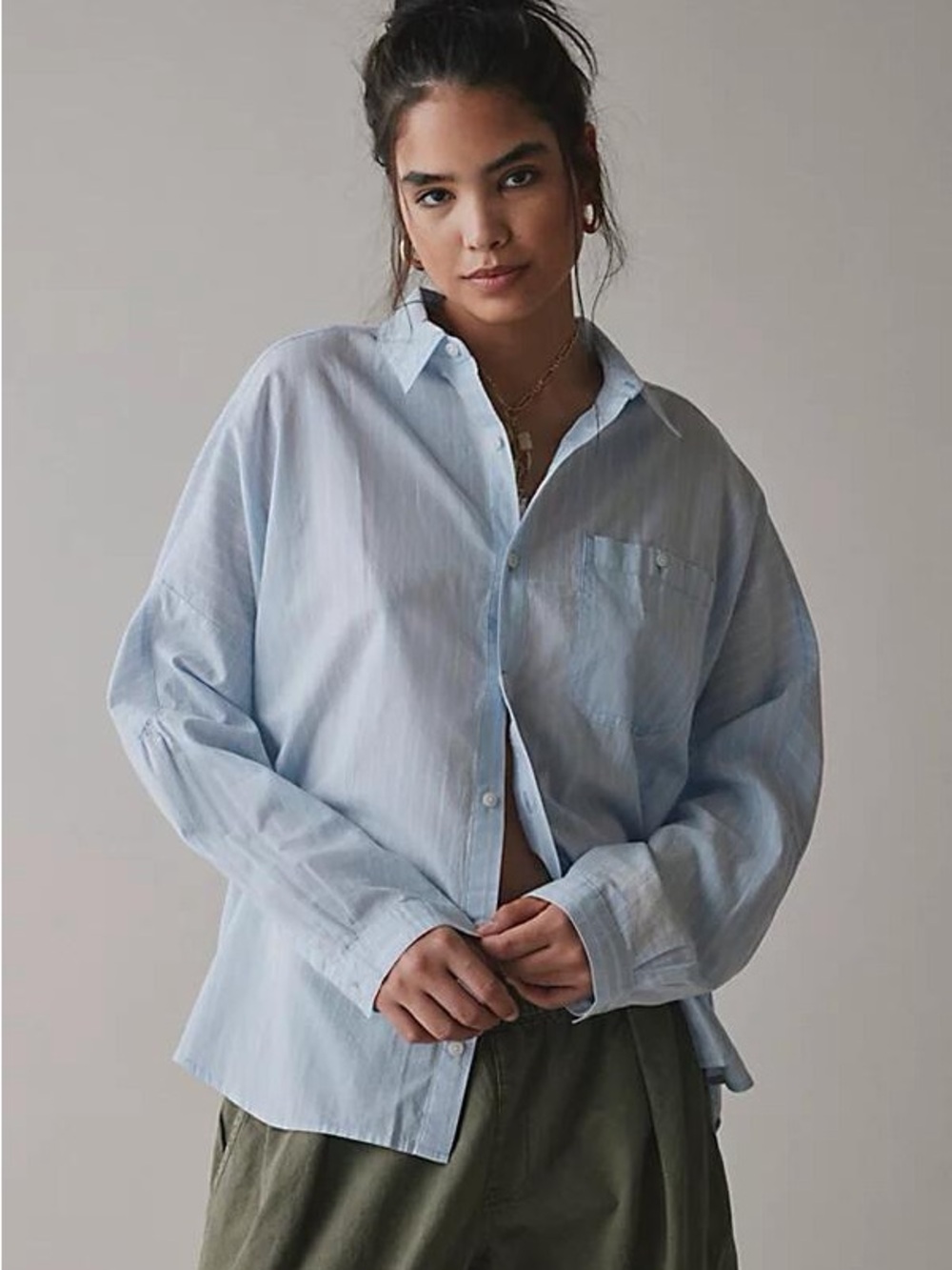 Urban Outfitters BDG Alex Breezy Cotton Oversized Button-Down - blue/white